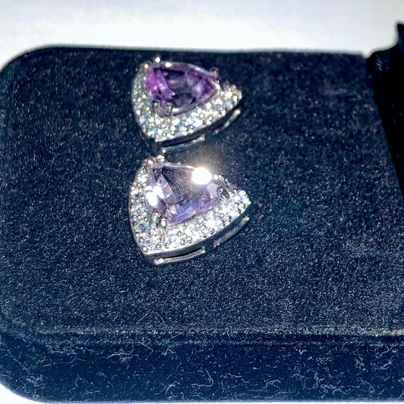 VJ CHINA Sterling Silver Lavender and Clear Stones Earrings 925 - Picture 5 of 14